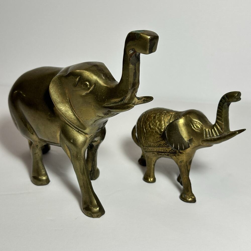 VTG MCM 2 Brass ELEPHANT Statues 5.5” & 3.2” Heavy Trunk Up Patina Lucky *Read